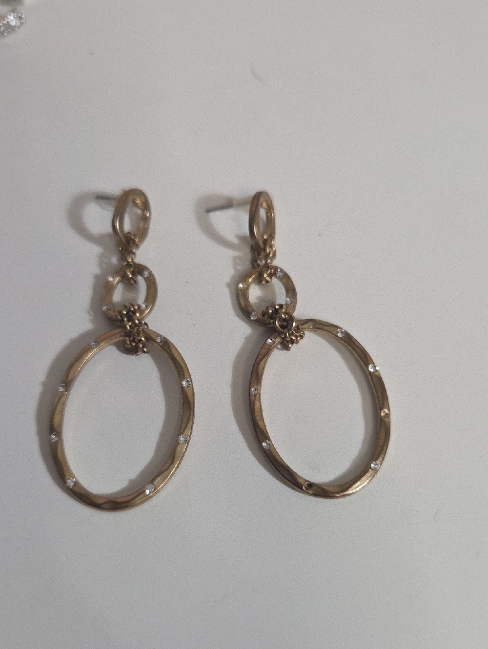 Vintage Gold Tone Triple Interlocking Oval Hoop Rhinestone Drop Earrings [281]